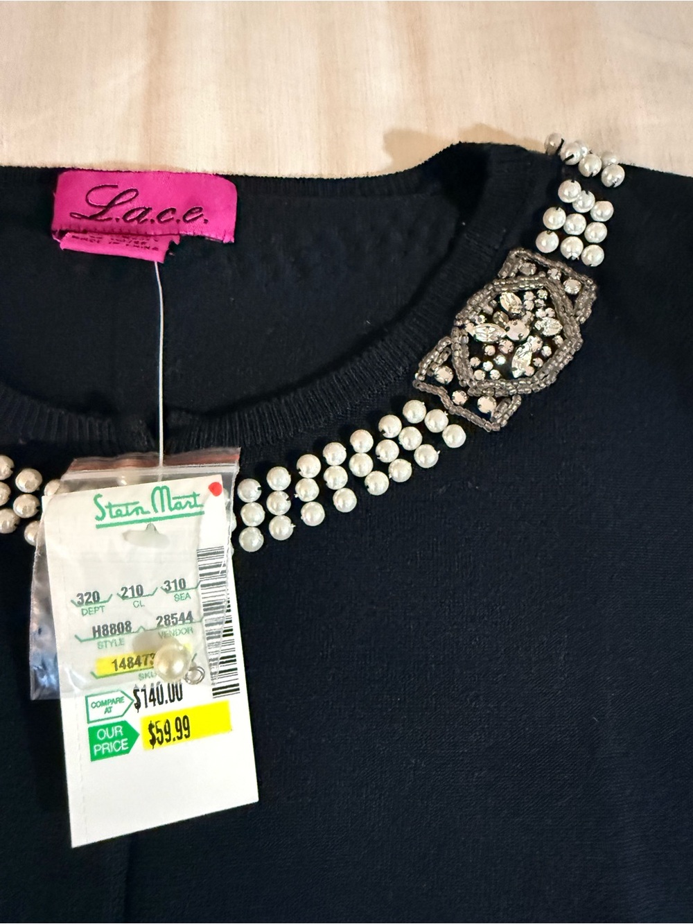 Vintage NWT LACE black cardigan 50’s inspired silk blend pearl rhinestones chic - Picture 7 of 11